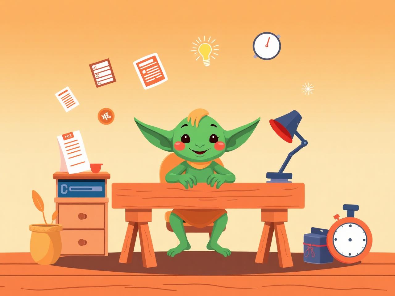Friendly goblin character with productivity tools
